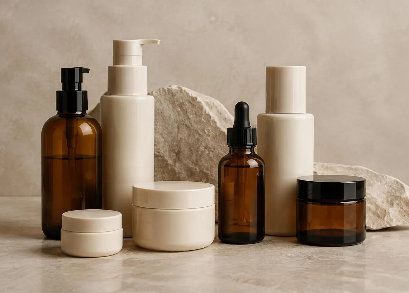 Unbranded cosmetic bottles, pumps and jars
