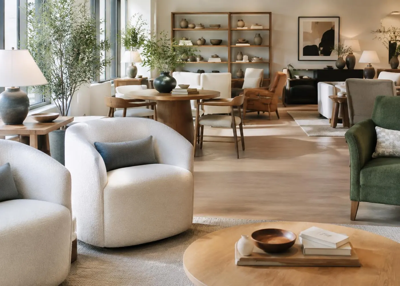 Furniture showroom with upholstered chairs and oak tables