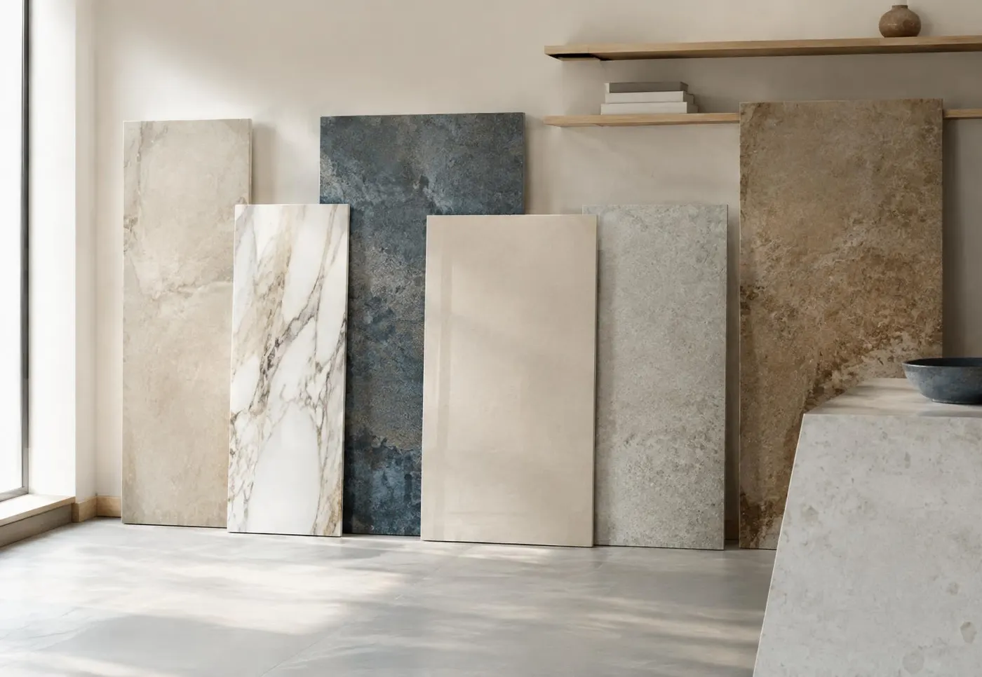 Stone and porcelain slab samples in a showroom