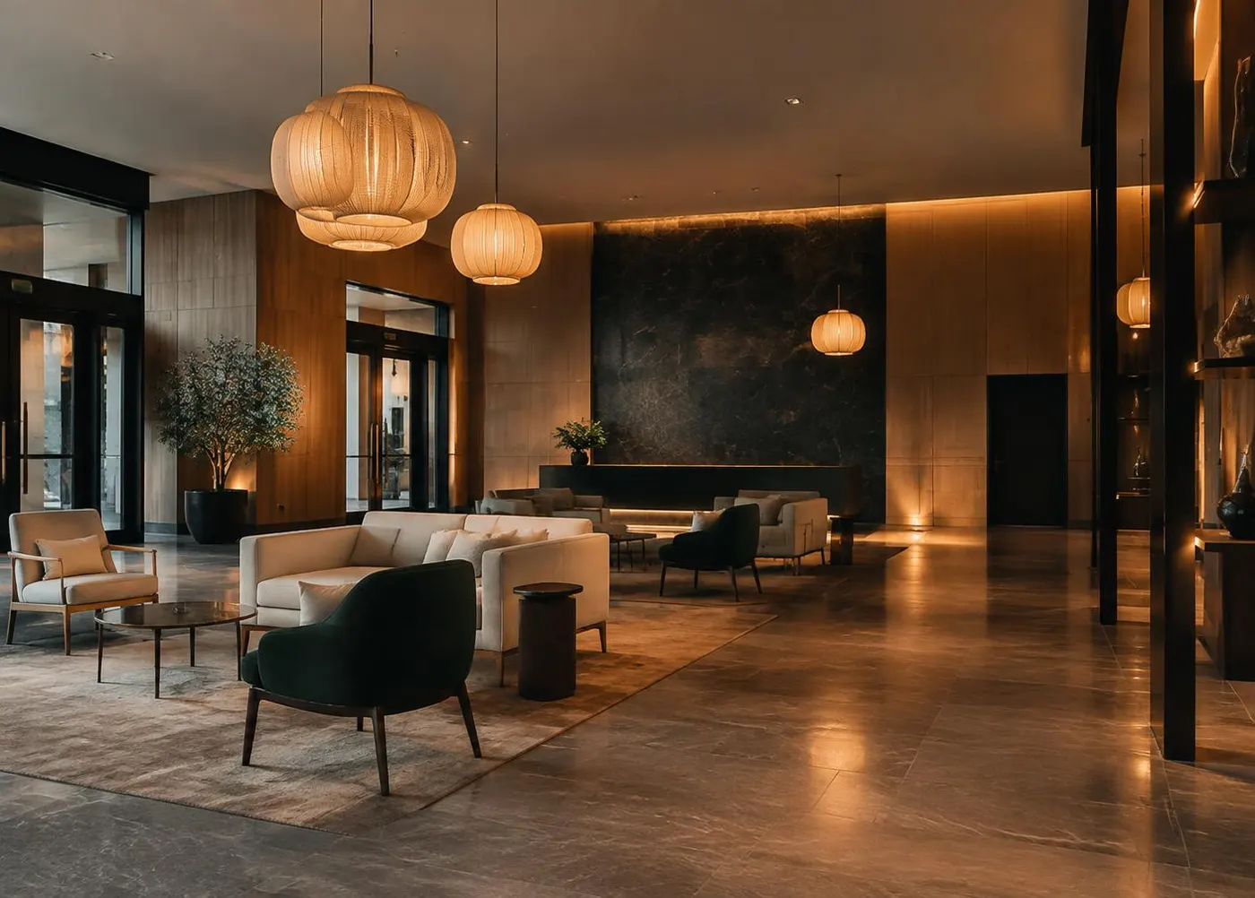 Hotel lobby with lounge seating, stone flooring and pendant lights