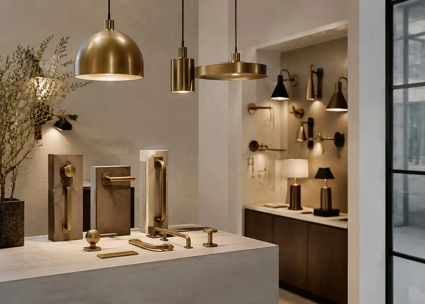 Architectural lighting and brass hardware in a showroom
