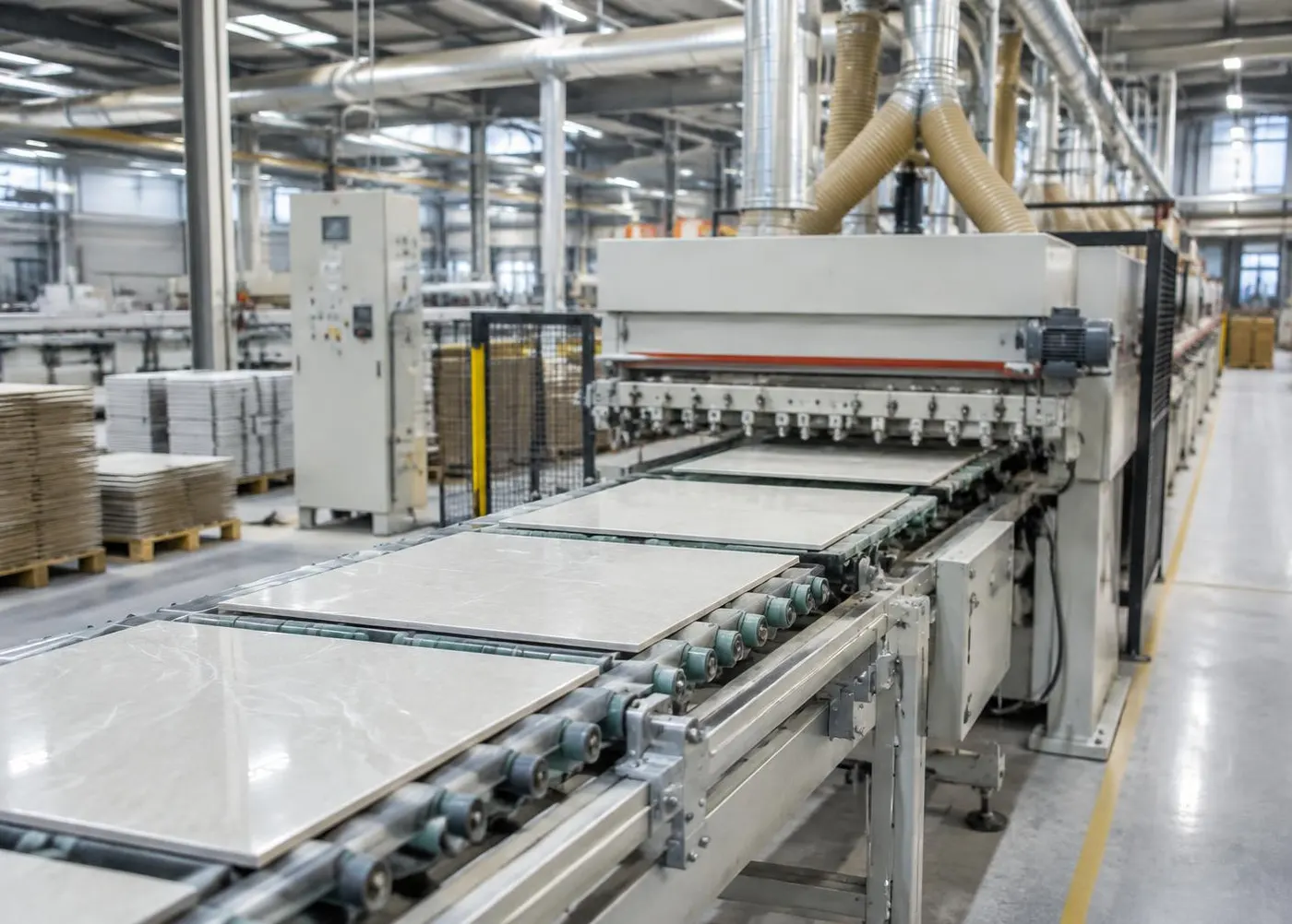 Porcelain tile production line in a manufacturing facility