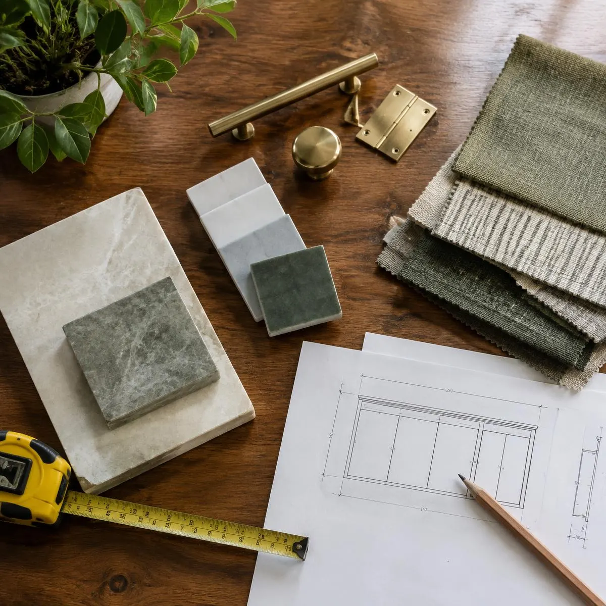 Material and finish samples beside a product drawing